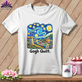 White t-shirt with a stylized starry night landscape featuring a quilt pattern and a spool of thread.