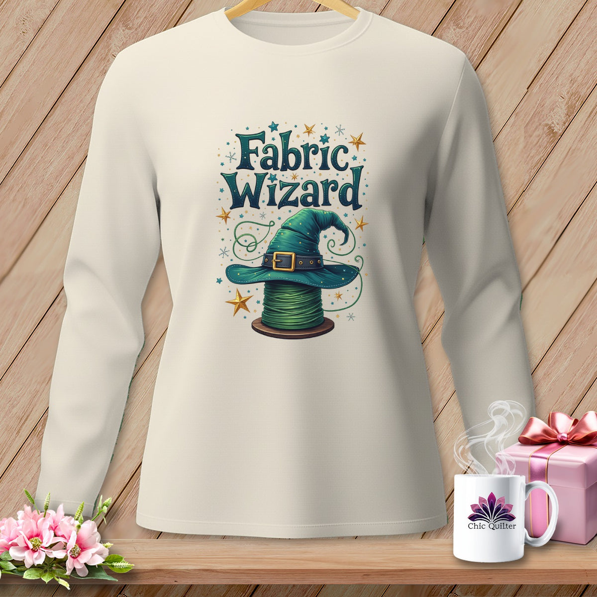 Cream long sleeve shirt with "Fabric Wizard" text and a witch hat on a spool of thread.