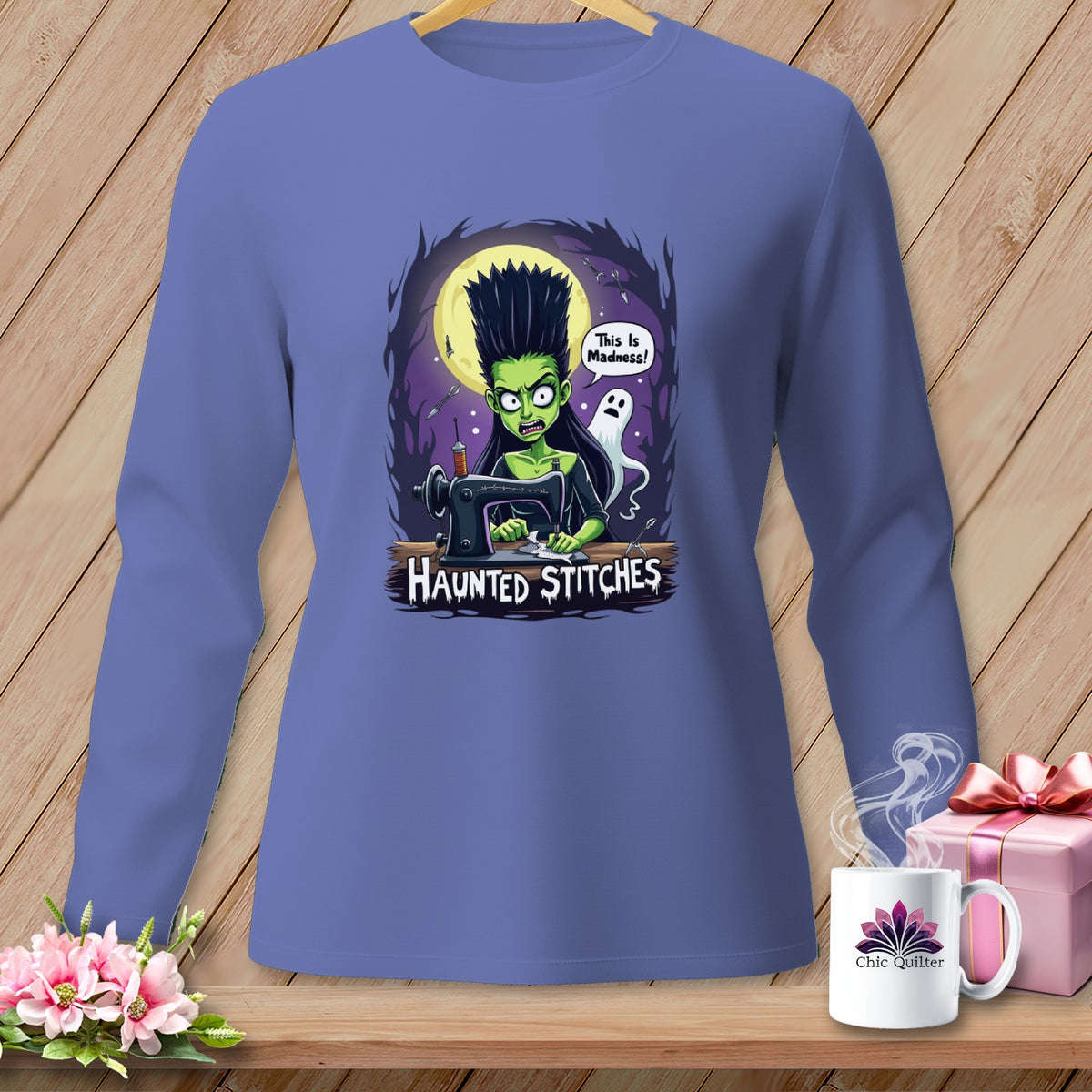 Green cartoon character sewing at machine with text "Haunted Stitches"