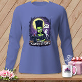 Green cartoon character sewing at machine with text 