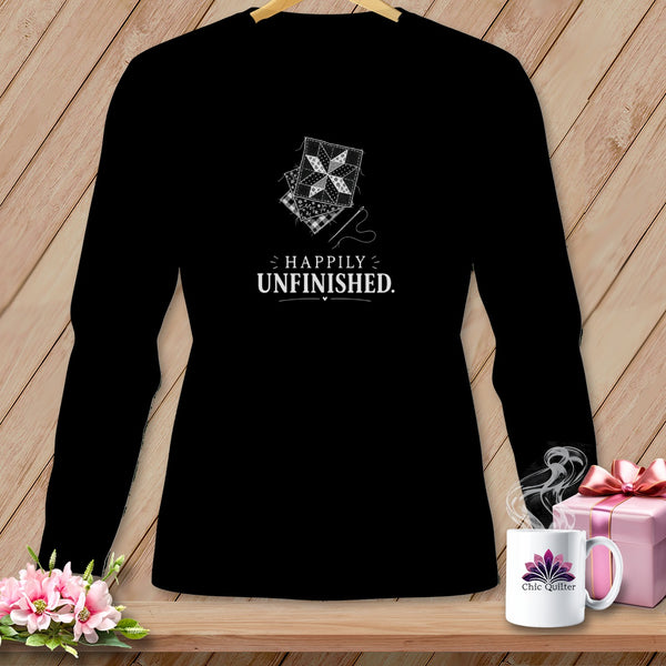 Black long-sleeve shirt with "Happily Unfinished" text and quilt blocks.