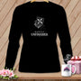 Black long-sleeve shirt with "Happily Unfinished" text and quilt blocks.