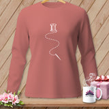 Rose long-sleeve shirt with white thread and needle graphic.