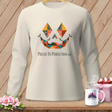 Cream long-sleeve shirt with a patchwork jack-o'-lantern face and bats.
