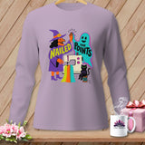 Witch and ghost high-five over sewing machine, 
