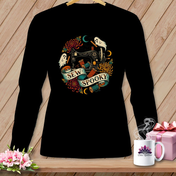 Black long-sleeve shirt with "Sew Spooky" Halloween sewing graphic.