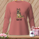 German Shepherd puppy tangled in colorful yarn with text 