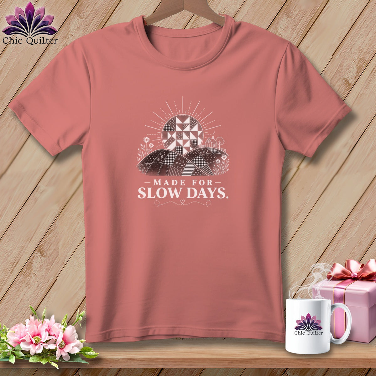 T-shirt with "Made for Slow Days" text and a quilt-like landscape graphic.