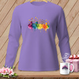 Purple long-sleeved shirt with colorful sewing notions and fabric watercolor design.