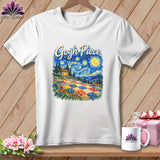 White t-shirt featuring a graphic with Van Gogh style imagery, a colorful quilt, and the text Gogh Piece.
