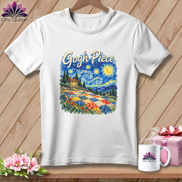 White t-shirt featuring a graphic with Van Gogh style imagery, a colorful quilt, and the text Gogh Piece.