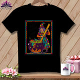 Black t-shirt with a witch stirring a cauldron, reading 