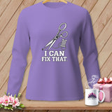 Purple long-sleeve shirt with scissors, thread, and 