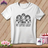 White t-shirt with black and white illustration of three women behind a quilt, text reads 