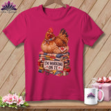Chicken sitting on quilts with sewing notions and text 