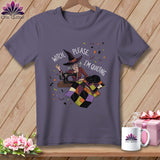 Witch, please. I'm quilting. Illustration on a purple t-shirt.