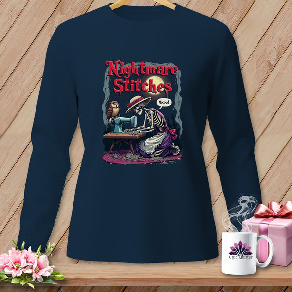 Skeleton sewing with owl, "Nightmare Stitches" text, and "Noooo!" speech bubble.