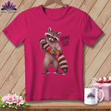 Raccoon holding a patchwork tube with text 