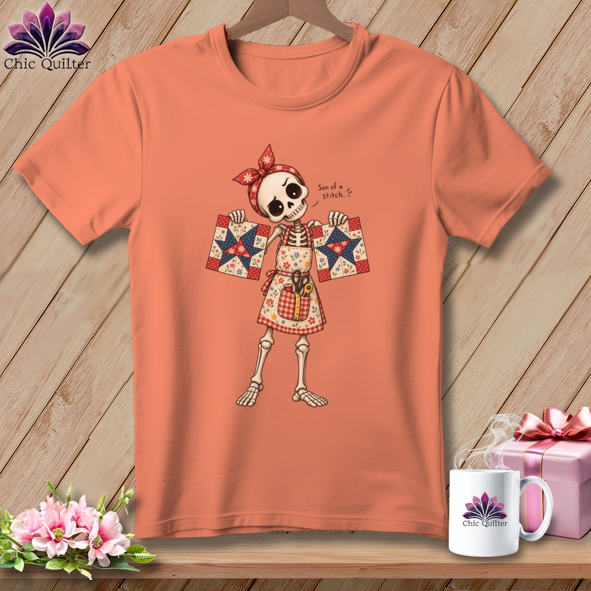 Skeleton in bandana and apron holds quilt squares, text reads "Son of a stitch."