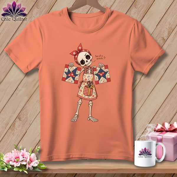 Skeleton in bandana and apron holds quilt squares, text reads "Son of a stitch."