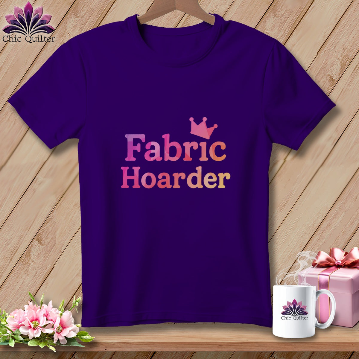 Purple t-shirt with "Fabric Hoarder" text and a crown.