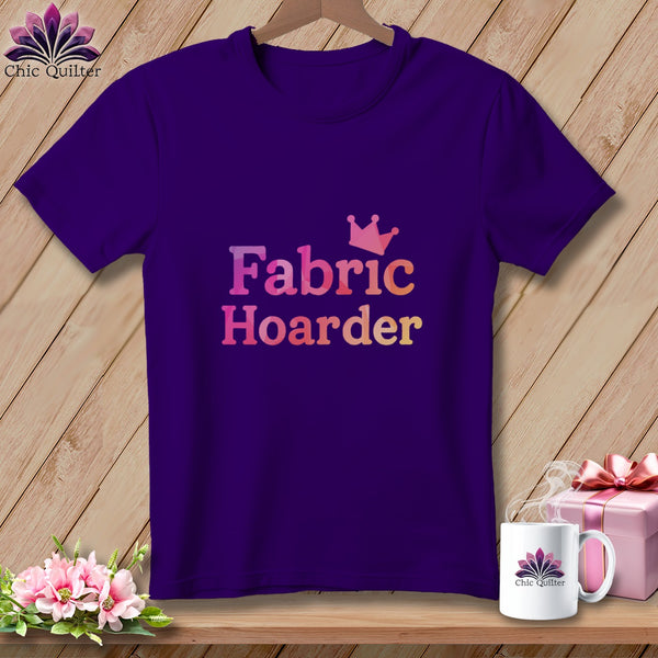 Purple t-shirt with "Fabric Hoarder" text and a crown.