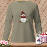 Long sleeve taupe shirt featuring a snowman graphic with spools of thread.