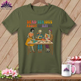 Skeleton quilters at a table with sewing machine and quilt, text 