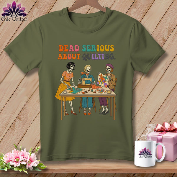 Skeleton quilters at a table with sewing machine and quilt, text "Dead Serious About Quilting."