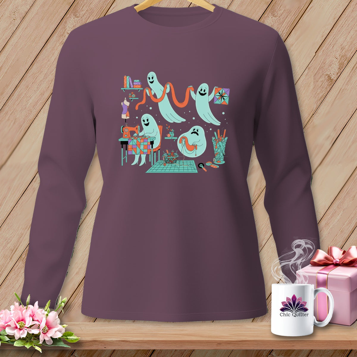 Long sleeve shirt with ghosts sewing and quilting a patchwork square.