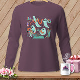 Long sleeve shirt with ghosts sewing and quilting a patchwork square.