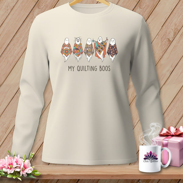 Cream long-sleeve shirt with five quilting ghosts and the text "MY QUILTING BOOS".