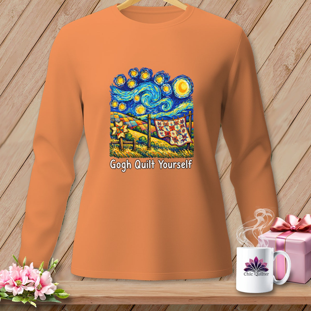 Orange long-sleeve shirt with a "Gogh Quilt Yourself" graphic.
