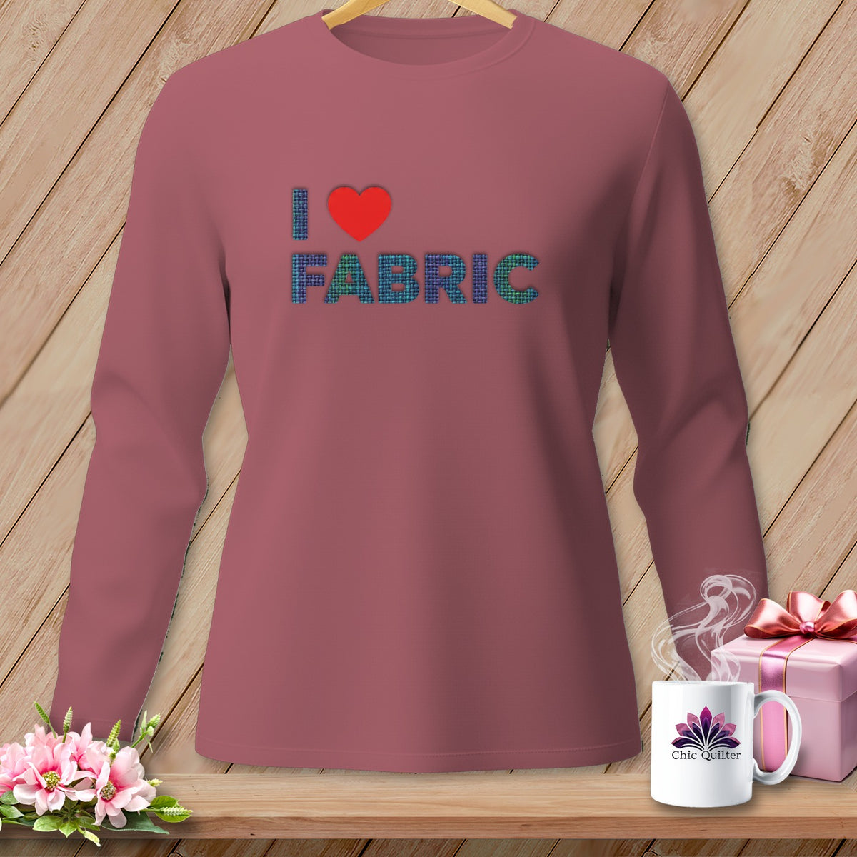 Rose long sleeve shirt with "I ♥ FABRIC" graphic in textured letters.