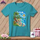 Teal t-shirt hanging on a wooden wall, featuring a colorful beach quilt graphic.