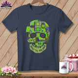 Navy t-shirt with a quilted skull design and the text 