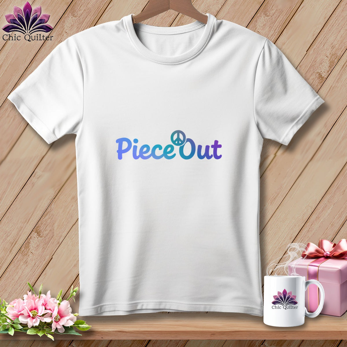 White t-shirt with "Piece Out" text and peace sign graphic.