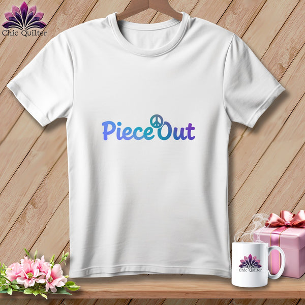 White t-shirt with "Piece Out" text and peace sign graphic.