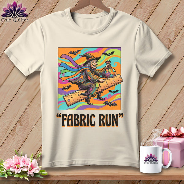 Witch flying on a ruler with "Fabric Run" text.