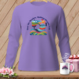 Lavender long-sleeve shirt with a colorful sewing machine graphic and text.