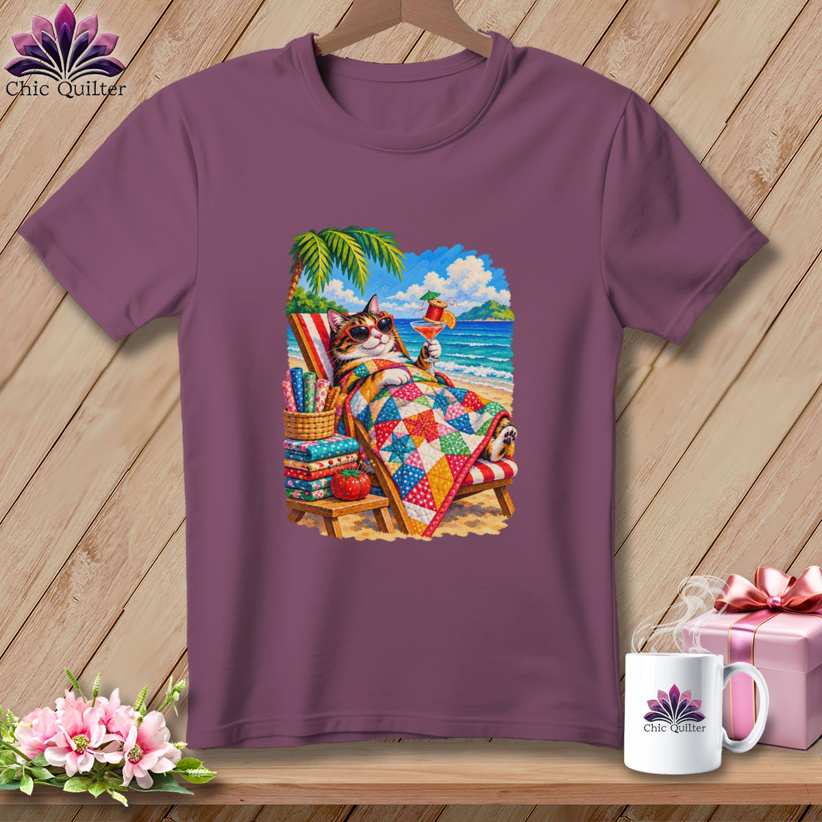 A purple t-shirt featuring a cat wearing sunglasses and relaxing on a beach under a palm tree.
