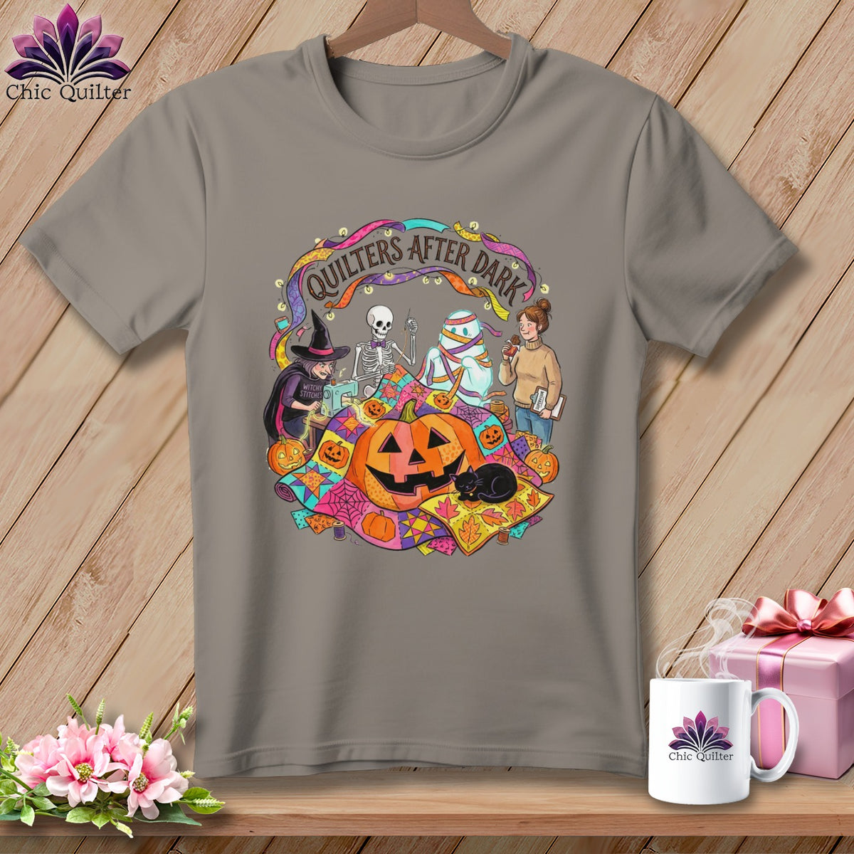T-shirt graphic with Halloween quilting theme: skeleton, mummy, witch, and girl.