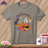 T-shirt graphic with Halloween quilting theme: skeleton, mummy, witch, and girl.