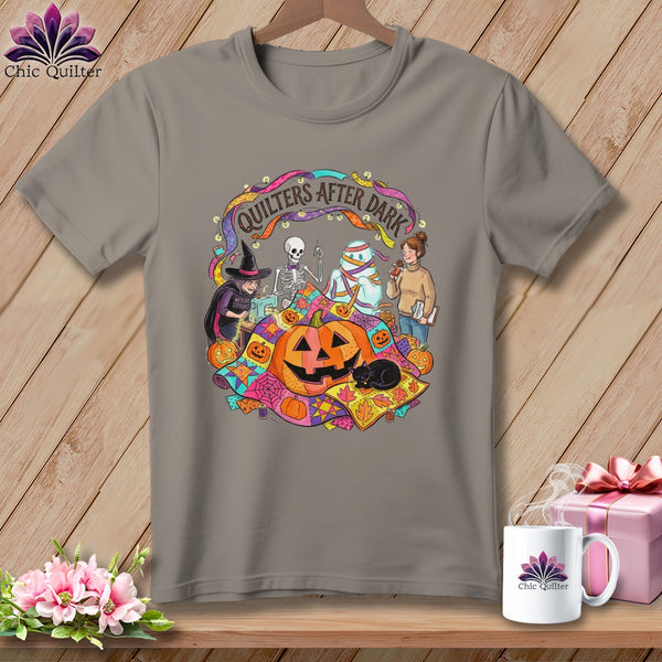 T-shirt graphic with Halloween quilting theme: skeleton, mummy, witch, and girl.