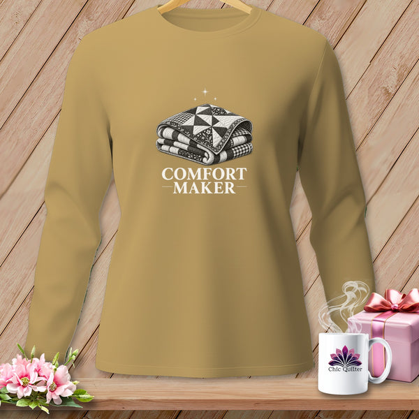 Long sleeve shirt with a stacked quilt graphic and text "COMFORT MAKER".