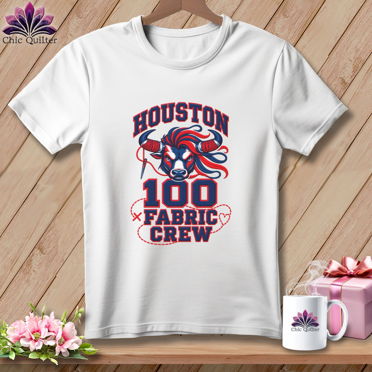 A white t-shirt features a graphic with a bull, the text Houston 100 Fabric Crew, and sewing-themed elements.