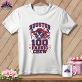 A white t-shirt features a graphic with a bull, the text Houston 100 Fabric Crew, and sewing-themed elements.