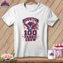 A white t-shirt features a graphic with a bull, the text Houston 100 Fabric Crew, and sewing-themed elements.