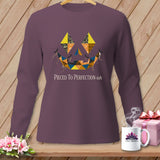Purple long-sleeve shirt with a quilted jack-o'-lantern face and text 