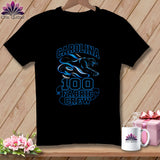 Black t-shirt featuring blue text reading Carolina 100 Fabric Crew alongside a panther graphic.